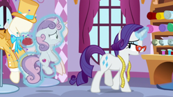 Size: 1920x1080 | Tagged: safe, screencap, rarity, sweetie belle, pony, unicorn, g4, growing up is hard to do, belle sisters, bowtie, female, filly, glasses, glowing horn, hat, horn, magic, mannequin, mare, measuring tape, pincushion, siblings, sisters, telekinesis, top hat