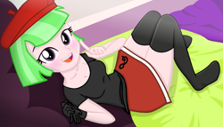 Size: 2460x1404 | Tagged: safe, artist:grapefruitface1, drama letter, watermelody, equestria girls, g4, base used, bed, blushing, clothes, female, gloves, happy, hat, legs, looking at you, lying down, missing shoes, show accurate, socks, solo, stockings, thigh highs, thighs, updated