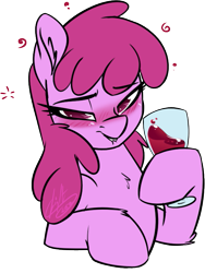 Size: 573x764 | Tagged: safe, artist:light262, berry punch, berryshine, earth pony, pony, g4, alcohol, blushing, bust, chest fluff, drunk, ear fluff, female, glass, hoof hold, leg fluff, lidded eyes, lip bite, looking at you, mare, signature, simple background, smiling, solo, transparent background, wine, wine glass