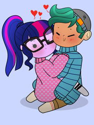 Size: 1800x2400 | Tagged: safe, artist:cxpcakes, sci-twi, timber spruce, twilight sparkle, equestria girls, g4, beady eyes, blue background, blushing, chibi, clothes, couple, cuddling, cute, digital art, female, floating heart, heart, hoodie, looking at you, looking back, looking back at you, love, male, oversized clothes, oversized shirt, shipping, shirt, simple background, socks, straight, sweater, timberbetes, timbertwi, twiabetes