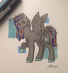 Size: 2211x2386 | Tagged: safe, artist:madkadd, oc, oc only, pegasus, pony, abstract background, blushing, female, high res, mare, pegasus oc, pen, signature, smiling, solo, traditional art, unshorn fetlocks, wings