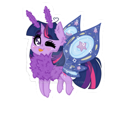 Size: 1280x1280 | Tagged: safe, artist:madkadd, twilight sparkle, alicorn, moth, mothpony, original species, pony, g4, :p, chest fluff, deviantart watermark, female, horn, obtrusive watermark, one eye closed, simple background, solo, species swap, tongue out, transparent background, twilight sparkle (alicorn), watermark, wings, wink