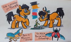 Size: 3450x2053 | Tagged: safe, artist:alom-b93, oc, oc only, beetle, earth pony, insect, pony, earth pony oc, fanfic art, flying, glasses, high res, male, raised hoof, reference sheet, stallion, traditional art
