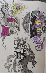 Size: 1914x2987 | Tagged: safe, artist:alom-b93, discord, fluttershy, draconequus, pegasus, pony, g4, bust, cape, clothes, eyes closed, female, flying, male, mare, signature, traditional art