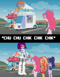 Size: 720x922 | Tagged: safe, artist:electrahybrida, edit, edited screencap, screencap, pinkie pie, sci-twi, sunset shimmer, twilight sparkle, oc, oc:brain freeze, cybertronian, robot, equestria girls, g4, my little pony equestria girls: better together, x marks the spot, clothes, decepticon, onomatopoeia, rollin' sushi truck, snowcone truck, sound effects, swimsuit, this will end in death, this will end in tears, this will end in tears and/or death, this will end in war, this will not end well, transformation, transformers, transformers canterlot division