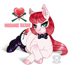 Size: 1280x1209 | Tagged: safe, artist:champ, oc, oc only, oc:madame filthy, earth pony, pony, bowtie, clothes, crossed legs, ear piercing, earring, female, freckles, jewelry, latex, latex socks, lidded eyes, mare, nose piercing, nose ring, piercing, prone, simple background, socks, solo, transparent background