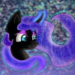 Size: 1024x1024 | Tagged: safe, artist:kiwwsplash, oc, oc only, pony, unicorn, abstract background, beautiful, bust, curved horn, ethereal mane, galaxy mane, glowing horn, horn, smiling, solo, unicorn oc