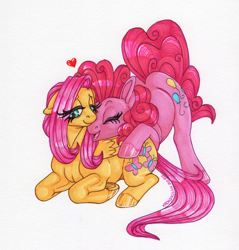 Size: 1224x1280 | Tagged: safe, artist:champ, fluttershy, pinkie pie, earth pony, pegasus, pony, g4, duo, eyes closed, female, frog (hoof), heart, hug, lesbian, looking down, mare, open mouth, prone, ship:flutterpie, shipping, simple background, smiling, traditional art, underhoof, white background