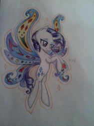 Size: 640x853 | Tagged: safe, artist:kiwwsplash, rarity, pony, unicorn, g4, sonic rainboom (episode), butterfly wings, female, flying, mare, rearing, solo, traditional art, wings