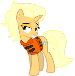 Size: 1059x1080 | Tagged: safe, alternate version, artist:徐詩珮, sungold, pony, unicorn, series:sprglitemplight diary, series:sprglitemplight life jacket days, series:springshadowdrops diary, series:springshadowdrops life jacket days, g4, base used, eyelashes, female, grin, lidded eyes, lifejacket, mare, simple background, smiling, solo, transparent background