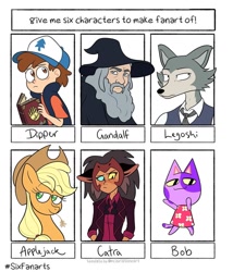 Size: 1080x1260 | Tagged: safe, artist:koolkitty100, applejack, earth pony, human, pony, wolf, anthro, g4, animal crossing, anthro with ponies, baseball cap, beastars, bob, book, bust, cap, catra, clothes, crossover, dipper pines, female, freckles, gandalf, gravity falls, hat, legosi (beastars), lord of the rings, male, mare, necktie, she-ra and the princesses of power, six fanarts, straw in mouth