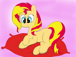 Size: 1600x1200 | Tagged: safe, alternate version, artist:amateur-draw, sunset shimmer, pony, unicorn, g4, cute, female, lying down, mare, pillow, shimmerbetes, simple background, solo