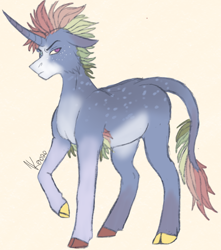 Size: 834x944 | Tagged: safe, artist:corisodapop, oc, oc only, classical unicorn, pony, unicorn, cloven hooves, curved horn, horn, leonine tail, male, orange background, simple background, solo, stallion