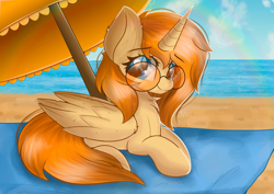 Size: 4092x2893 | Tagged: safe, artist:janelearts, oc, oc only, alicorn, pony, beach, commission, female, mare, prone, solo, sunglasses