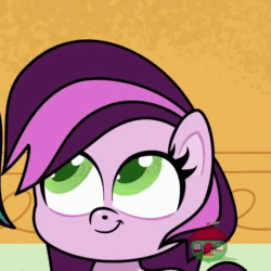 Size: 960x960 | Tagged: safe, screencap, lilith, pony, derpibooru, g4.5, how applejack got her hat back, my little pony: pony life, animated, cropped, cute, female, forced juxtaposition, gif, juxtaposition, juxtaposition win, mare, meme, meta, squishy cube, treehouse logo