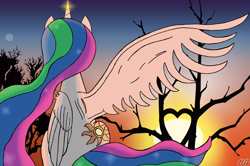 Size: 3160x2100 | Tagged: safe, artist:qnighter, princess celestia, alicorn, pony, g4, female, heart, high res, moon, one wing out, solo, sunrise, tree, wings