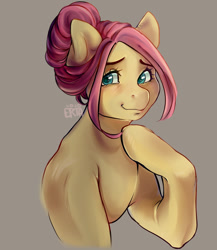 Size: 1280x1474 | Tagged: safe, artist:ertadinx, fluttershy, pony, g4, alternate hairstyle, bust, female, gray background, hoof on chest, looking at you, looking sideways, mare, simple background, smiling, solo, three quarter view