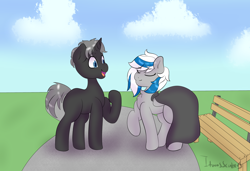 Size: 3500x2400 | Tagged: safe, artist:itwasscatters, oc, oc:lady lightning strike, oc:the ghost, pegasus, pony, unicorn, cloak, clothes, couple, detailed background, happy, high res, park, park bench, smiling