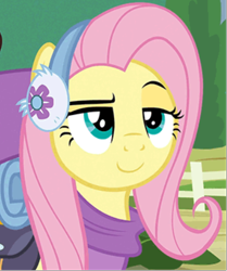 Size: 382x458 | Tagged: safe, edit, edited screencap, screencap, fluttershy, pegasus, pony, dungeons and discords, g4, amused, clothes, female, fluttershy's purple sweater, inverted mouth, mare, raised eyebrow, smug, smugshy, winter outfit