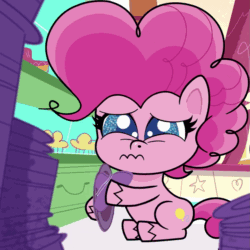 Size: 1057x1057 | Tagged: safe, artist:darthwill3, edit, edited screencap, screencap, pinkie pie, earth pony, pony, cute-pocalypse meow, g4.5, my little pony: pony life, adorable distress, animated, cleaning, cloth, cropped, cute, diapinkes, dishes, eye shimmer, female, gif, hoof hold, lidded eyes, mare, plate, poor pinkie pie, sad, sadorable, sitting, sugarcube corner, wavy mouth