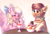 Size: 3000x2067 | Tagged: safe, artist:fenwaru, oc, oc only, oc:bay breeze, oc:pitch kritter pine, earth pony, pegasus, pony, blushing, bow, clothes, covering mouth, duo, female, food, hair bow, high res, ice cream, ice cream on nose, laughing, licking, licking lips, looking at something, male, mare, open mouth, pinebreeze, raised hoof, scarf, spread wings, stallion, straight, table, tears of laughter, tongue out, wings