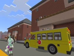 Size: 2048x1536 | Tagged: safe, artist:topsangtheman, cornetta, pony, unicorn, g4, 3d, female, house, looking at you, minecraft, photoshopped into minecraft, school bus, solo, source filmmaker