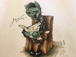 Size: 4032x3024 | Tagged: safe, artist:musical ray, earth pony, pony, undead, zombie, zombie pony, crossover, marker drawing, newspaper zombie, plants vs zombies, ponified, rule 85, solo, traditional art