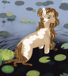 Size: 1500x1656 | Tagged: safe, artist:lovely-pony, oc, oc only, oc:radiant valor, earth pony, pony, female, lilypad, mare, pond, solo, water
