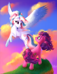 Size: 727x935 | Tagged: safe, artist:dragonae, skywishes, star catcher, earth pony, pegasus, pony, dancing in the clouds, g3, female, lesbian, ship:skycatcher, shipping, windswept mane