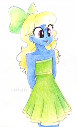 Size: 2070x3373 | Tagged: safe, artist:liaaqila, oc, oc:azure/sapphire, equestria girls, g4, my little pony equestria girls: better together, street chic, crossdressing, equestria girls-ified, femboy, fluttershy's dress, high res, male, solo, traditional art