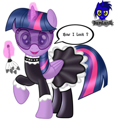 Size: 3840x4154 | Tagged: safe, artist:damlanil, twilight sparkle, alicorn, pony, g4, choker, clothes, collar, comic, cute, duster, female, grammar error, horn, hypnogear, latex, levitation, looking at you, magic, maid, makeup, mare, raised hoof, rubber, shiny, shiny mane, show accurate, simple background, solo, talking to viewer, telekinesis, transparent background, twiabetes, twilight sparkle (alicorn), vector, visor, wings