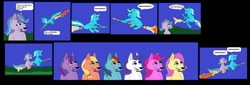 Size: 1280x434 | Tagged: safe, artist:mojo1985, applejack, fluttershy, pinkie pie, rainbow dash, rarity, starlight glimmer, trixie, twilight sparkle, wolf, g4, broom, flying, flying broomstick, mane six, ryansmither1 is a request whore, species swap, wolfified