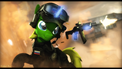 Size: 2920x1642 | Tagged: safe, artist:mister-karter, oc, oc only, oc:arcane tesla, pony, unicorn, 3d, action pose, ak-74, armor, cap, clothes, crossover, cyrillic, escape from tarkov, gun, hat, headphones, male, russian, solo, source filmmaker, stallion, tactical, tactical glasses, weapon