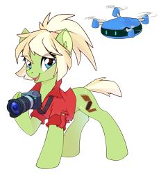 Size: 2509x2708 | Tagged: safe, artist:ginjallegra, oc, oc only, oc:arion, oc:milli, earth pony, pony, robot, 2021 community collab, derpibooru community collaboration, camera, clothes, drone, earth pony oc, eponafest, female, high res, jacket, ponytail, simple background, smiling, smiling at you, solo, transparent background, vector