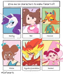 Size: 1080x1269 | Tagged: safe, artist:absolutlygrey, eloise, rarity, human, pony, unicorn, wolf, anthro, g4, animal crossing, anthro with ponies, audie (animal crossing), bedroom eyes, bee (character), bee and puppycat, bust, clothes, crossover, doremi harukaze, dorie goodwyn, female, hat, kill la kill, mare, ojamajo doremi, ryuko matoi, senketsu, six fanarts, smiling, sunglasses, witch, witch apprentice, witch hat