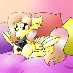 Size: 4000x4000 | Tagged: safe, artist:raktor, oc, oc only, oc:barpy, pegasus, pony, bed, ear fluff, male, mlem, pillow, plushie, silly, solo, tongue out