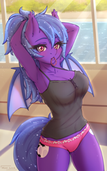 Size: 2227x3543 | Tagged: safe, artist:mintjuice, oc, oc:night ash, bat pony, anthro, anthro oc, arm behind head, armpits, bat pony oc, bat wings, blushing, breasts, clothes, commission, cutie mark, female, hair tie, high res, looking at you, mare, mouth hold, multiple variants, panties, pink underwear, room, tank top, underwear, wings, ych result