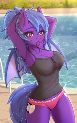 Size: 2227x3543 | Tagged: safe, alternate version, artist:mintjuice, oc, oc:night ash, bat pony, anthro, anthro oc, arm behind head, armpits, bat pony oc, bat wings, blushing, breasts, clothes, commission, cutie mark, female, hair tie, high res, looking at you, mare, mouth hold, multiple variants, panties, pink underwear, swimming pool, tank top, underwear, wings, ych result