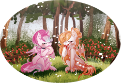 Size: 809x554 | Tagged: safe, artist:shiroikitten, oc, oc only, oc:juicy peach, oc:raspberry fuzz, bat pony, pony, female, flower, forest, mare, simple background, transparent background