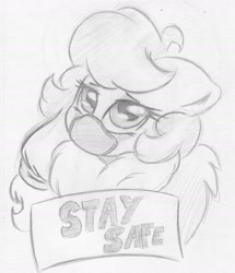 Size: 1556x1809 | Tagged: safe, artist:zemer, oc, oc only, oc:feather belle, pegasus, pony, chest fluff, coronavirus, covid-19, cute, face mask, floppy ears, fluffy, monochrome, sign, traditional art