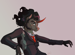 Size: 2953x2170 | Tagged: safe, artist:sourcherry, king sombra, unicorn, anthro, g4, cigarette, clothes, colored horn, curved horn, frown, high res, horn, looking at you, male, necktie, shirt, smoking, solo, sombra horn, suit