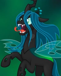 Size: 1080x1350 | Tagged: safe, artist:galaxy.bass, queen chrysalis, changeling, changeling queen, pony, g4, abstract background, bipedal, crown, fangs, female, forked tongue, jewelry, open mouth, rearing, regalia, solo, tongue out