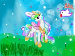 Size: 1080x810 | Tagged: safe, artist:bellas.den, princess celestia, alicorn, bird, pony, g4, female, glowing horn, grass, hoof shoes, horn, looking back, mare, outdoors, peytral, signature