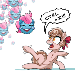 Size: 3150x3150 | Tagged: safe, artist:docwario, cup cake, oc, oc:cinnamon spangled, earth pony, pony, g4, bow, ctrl z, dialogue, emoji, female, high res, laughing, mare, meme, scared, screaming, shaking, terrified, undo, 😂