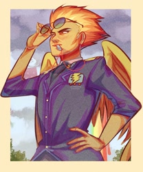 Size: 1024x1229 | Tagged: safe, artist:shabawdy, spitfire, human, g4, clothes, female, glasses, humanized, mouth hold, necktie, solo, sunglasses, uniform, whistle, winged humanization, wings, wonderbolts dress uniform