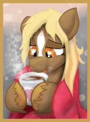Size: 1598x2160 | Tagged: safe, artist:glutenfree_texmex, derpibooru exclusive, pony, abstract background, blanket, bust, chocolate, crying, food, hot chocolate, messy mane, portrait, tears of joy, teary eyes, unshorn fetlocks, verity, wholesome