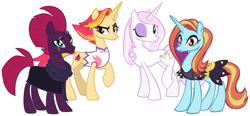 Size: 2065x959 | Tagged: safe, artist:not-yet-a-brony, fire flare, fleur-de-lis, sassy saddles, tempest shadow, pony, unicorn, g4, beautiful, cute, female, fleurabetes, friendship, friendshipping, mare, one eye closed, sassybetes, simple background, smiling, tall, tempestbetes, thin, white background, wink