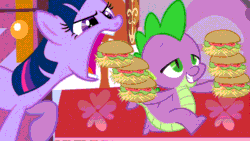 Size: 960x540 | Tagged: safe, artist:memnoch, edit, screencap, spike, twilight sparkle, dragon, pony, unicorn, g4, green isn't your color, bed, bedroom, borgarposting, burger, female, food, frown, gif, glare, grin, hay burger, herbivore, horses doing horse things, imminent bite, lidded eyes, male, mare, non-animated gif, open mouth, out of context, raised hoof, smiling, smirk, twilight burgkle, unicorn twilight, vector, walking