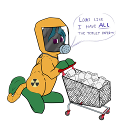 Size: 3000x3000 | Tagged: safe, artist:soupyfox, oc, oc only, changeling, pony, cart, changeling oc, colored, coronavirus, flat colors, hazmat suit, high res, pushing, simple background, solo, toilet paper, transparent background