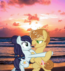 Size: 1872x2064 | Tagged: safe, artist:themexicanpunisher, edit, coloratura, feather bangs, g4, beach, cloud, colorabangs, dancing, duet, evening, female, looking at each other, lyrics in the description, male, ocean, scenery, shipping, sky, smiling, song reference, straight, summer, sun, sunset, water, wave